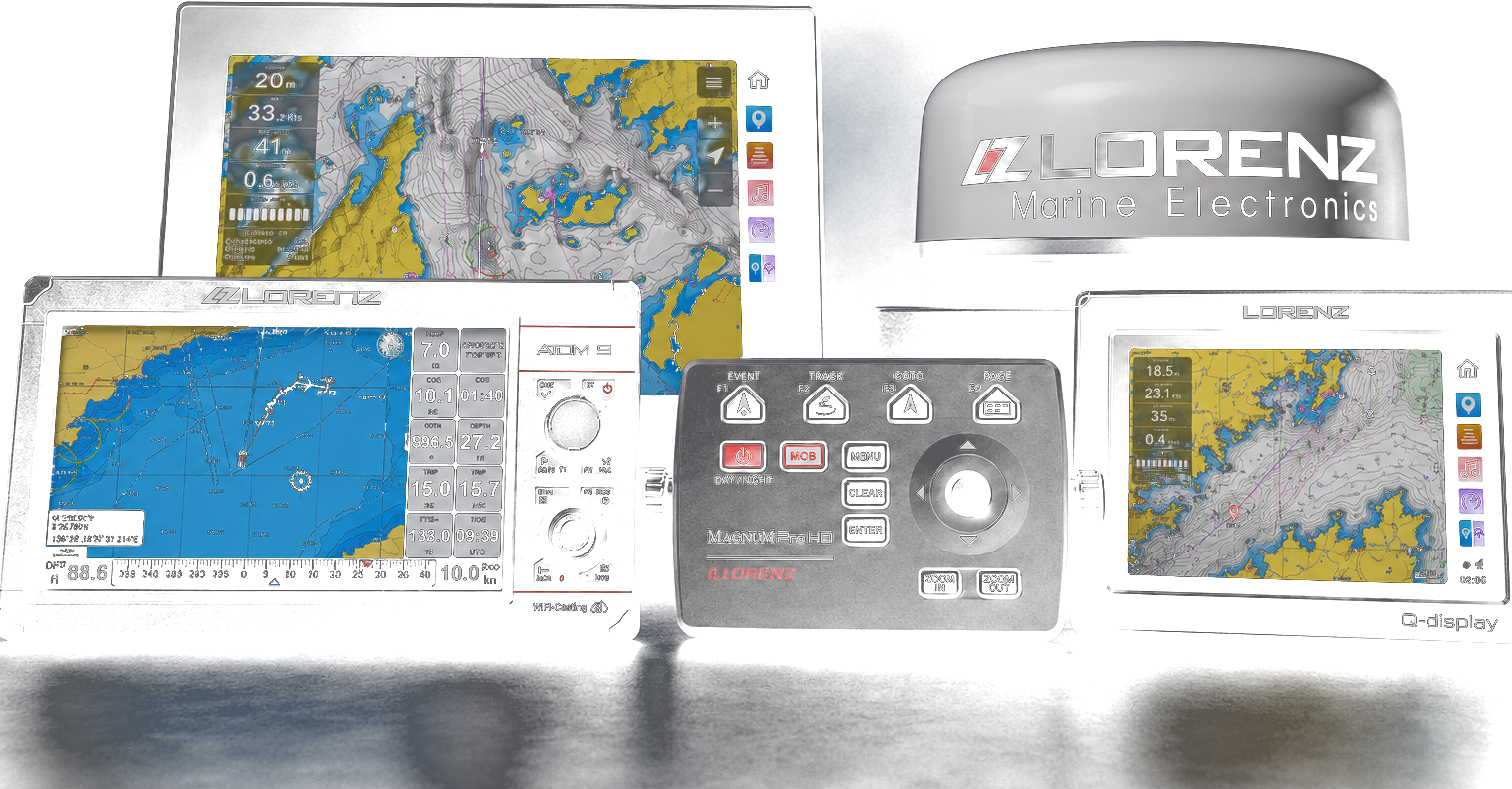 Lineup Lorenz Marine: chartplotter Atom 9, controller Magnum Pro HD, Q Display, monitor Tech Bridge 19″ e radar MDS-15